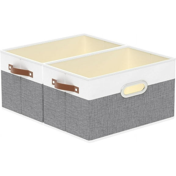 Fabric Storage Baskets, Foldable Closet Organizer for Shelves, Large Boxes with 3 Handles, Canvas Bins for Clothes, White/Grey, 12.99''Lx9.05''Wx7.87''H, 4-Pack