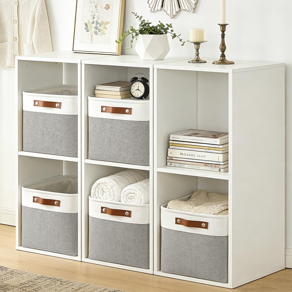 Fabric Storage Baskets Gray / Off-White Large -15"x11"x9.5" 3 Pack Home Organization