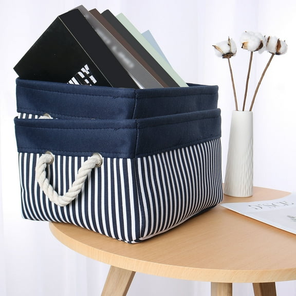 PiccoCasa Home Fabric Stripe Storage Baskets Closet Organizer Set of 2, Medium, Navy Blue