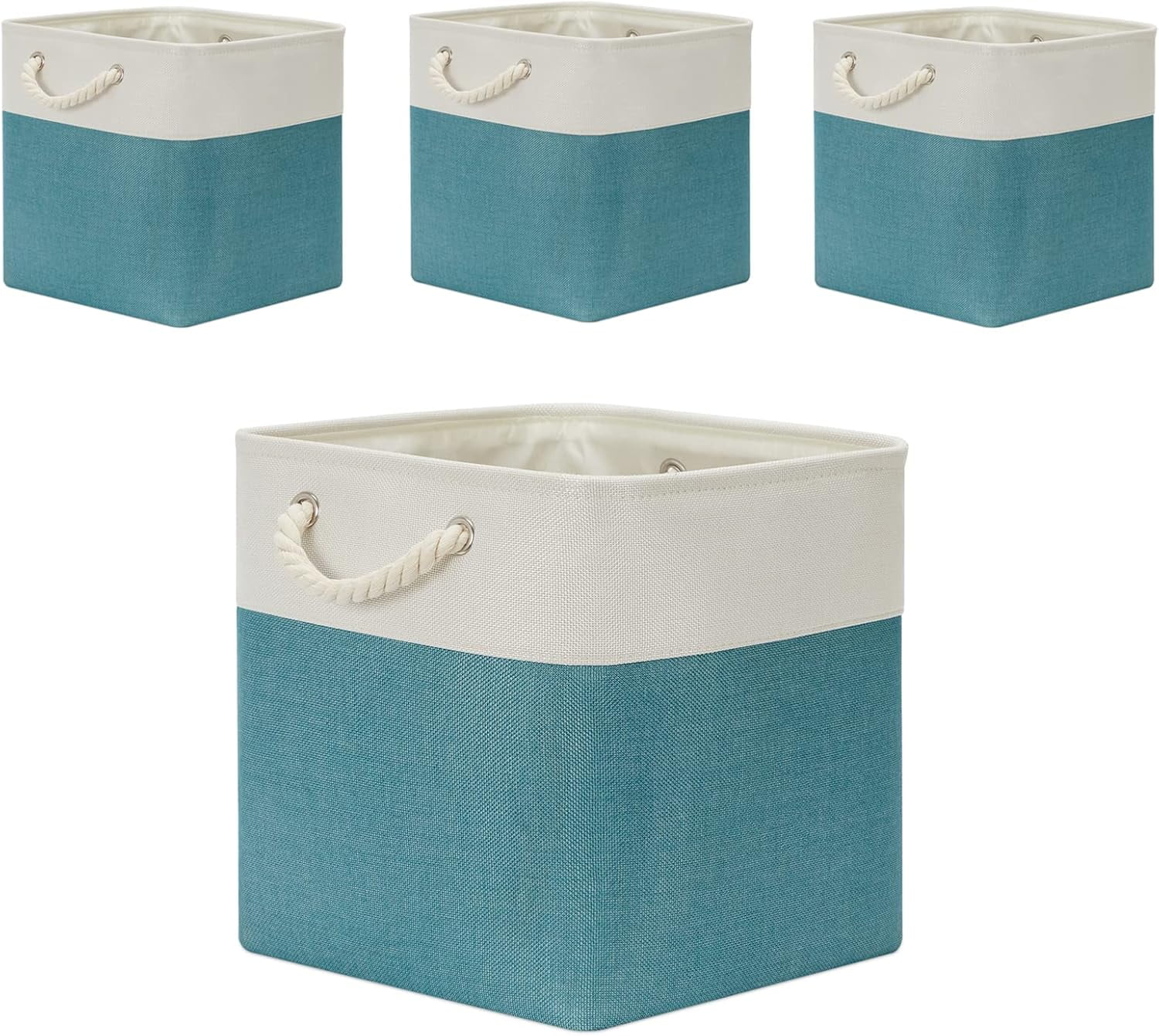 Fabric Storage Baskets Set Of 4 Storage Cube 13x13 Baskets for Shelf, Large Storage Basket for Gift Empty Baskets for Organizing, Storage Bins Cube Basket for Storage (White&Teal)