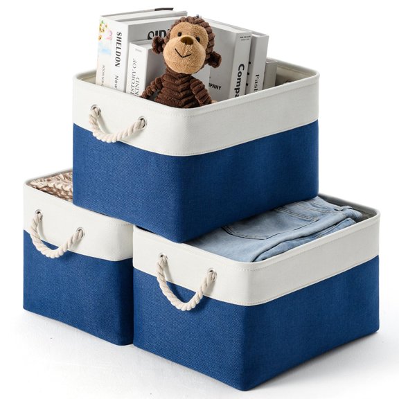 Fabric Storage Baskets White&Blue-3PCS Medium Collapsible Organizer