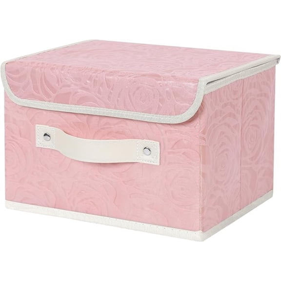 Fabric Storage Bin with Lid Rose Print Storage Box Basket with Leather Handles Washable Plastic Board D rative Foldable Lidded Shelf Cubes Closet Organizer Container - Pink, Small Size