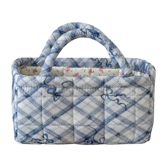 Fabric Storage Bin, Quilted Checkered Basket, Decorative with Bow Accent & Handle, Perfect for Cosmetics Organization, Snack Storage & Small Misc Items