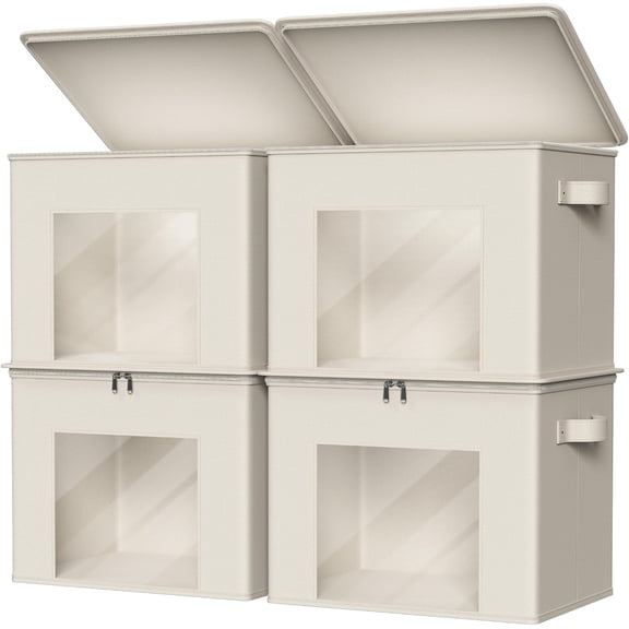 Fabric Storage Bin with Lid Stackable Cloth Organizer with Zipper and Clear Window Beige 17 x 12 x 12 Inches