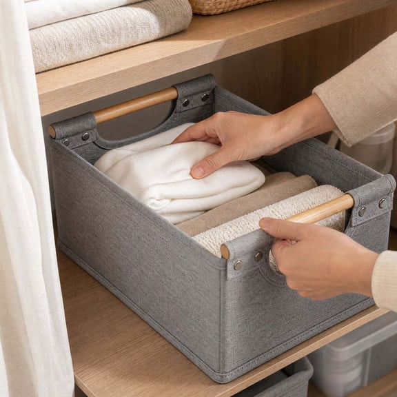 Fabric Storage Bin with Wooden Handle, Medium 15.7x10.6x6.3 in, Gray
