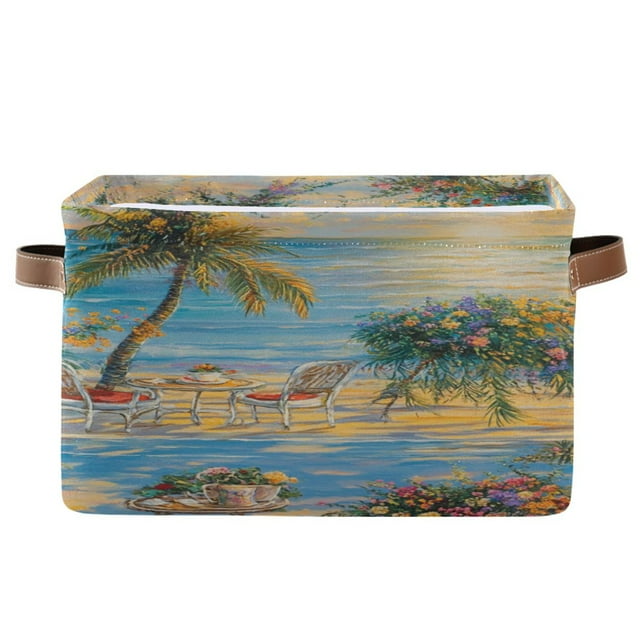 Fabric Storage Bins,Cube Organizer with Handles,14.2 x 10.2 x 8.3 inch,Outdoor Beach View