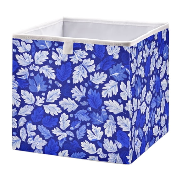 Fabric Storage Bins Foldable Cube For Home Organization Baskets Blue and White Leaves