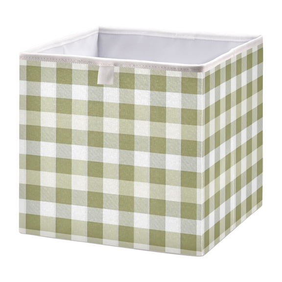 Fabric Storage Bins Foldable Cube For Home Organization Baskets Gingham in Olive Green