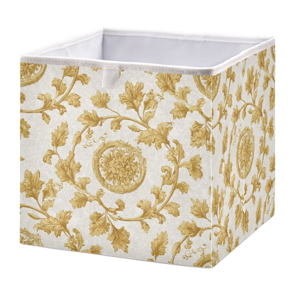 Fabric Storage Bins Foldable Cube For Home Organization Baskets Gold Leaf Motifs