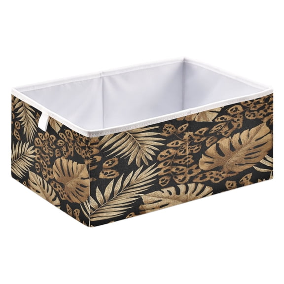 Fabric Storage Bins Foldable Cube For Home Organization Baskets Leopard Print and Palm Leaves Brown Tones