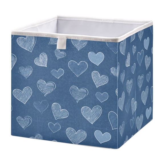 Fabric Storage Bins Foldable Cube For Home Organization Baskets White Hearts on Denim Color Background