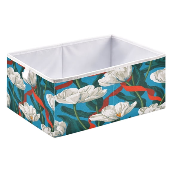 Fabric Storage Bins Foldable Cube For Home Organization Baskets White Tulips Red Ribbons