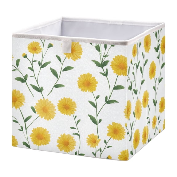 Fabric Storage Bins Foldable Cube For Home Organization Baskets Yellow Daisies Green Stems
