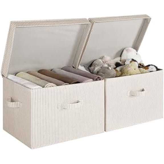 Fabric Storage Bins with Lid, Decorative Storage Boxes for Shelves, Stackable Closet Organizer Basket with Handles, Jumbo, Khaki and Beige Stripes, 2-Pack