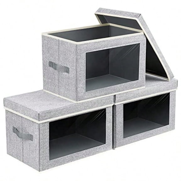 Fabric Storage Bins with Lids - 3 Packs Storage Cubes with Window Foldable Storage Baskets Bins for shelves Closet Storage Boxes for Towels Clothes Home Office Blended