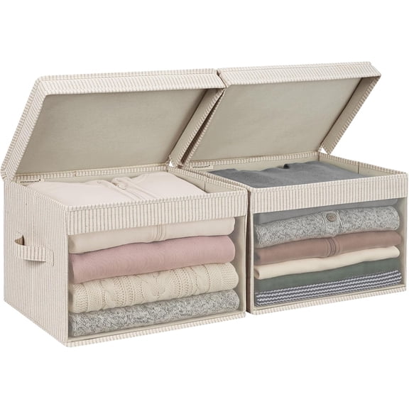 Fabric Storage Bins with Lids, Large Closet Storage Bins | Flip-Top Lid, Clear Window, Handles, Collapsible, for Clothes Blankets Books, Closet Box, Khaki and Beige Stripes, 2-Pack