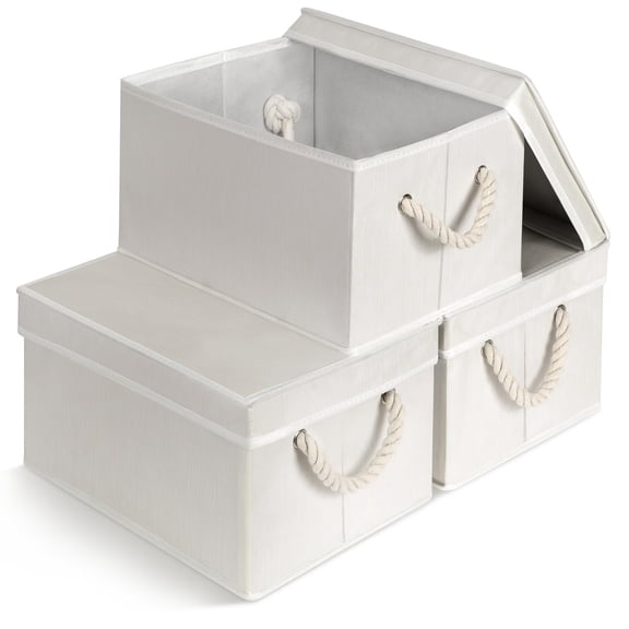 Fabric Storage Bins Set of 3 Foldable Stackable Organizer Cubes with Lid and Rope Handles