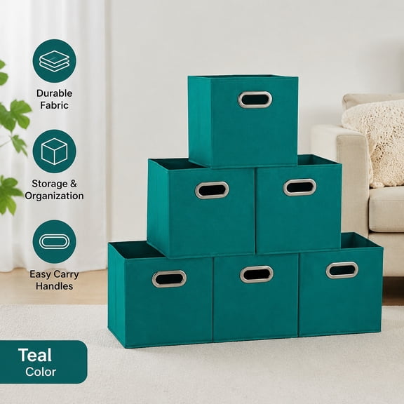 Fabric Storage Bins Set of 6, Strong Poly-Woven Fabric, Sturdy Chipboard Sides, Grommet Front Handle, Teal Green