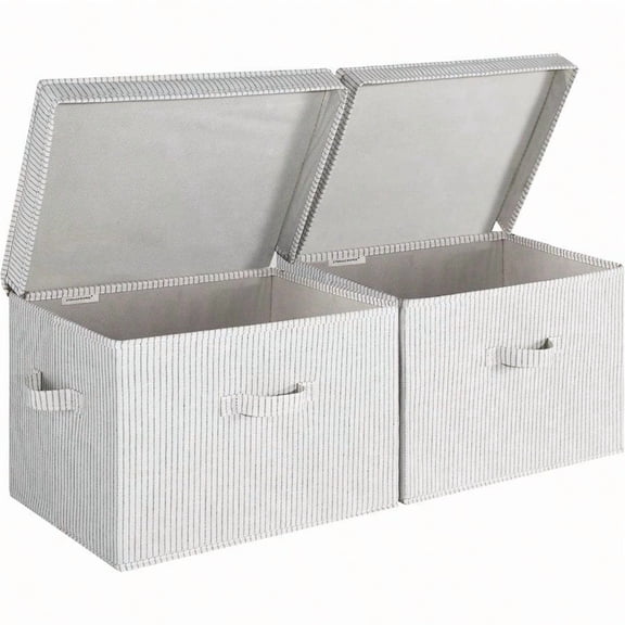 Fabric Storage Bins With Lid Decorative Boxes For Shelves Closet Organizer Basket With Handles Jumbo Gray And White Stripes 2Pack