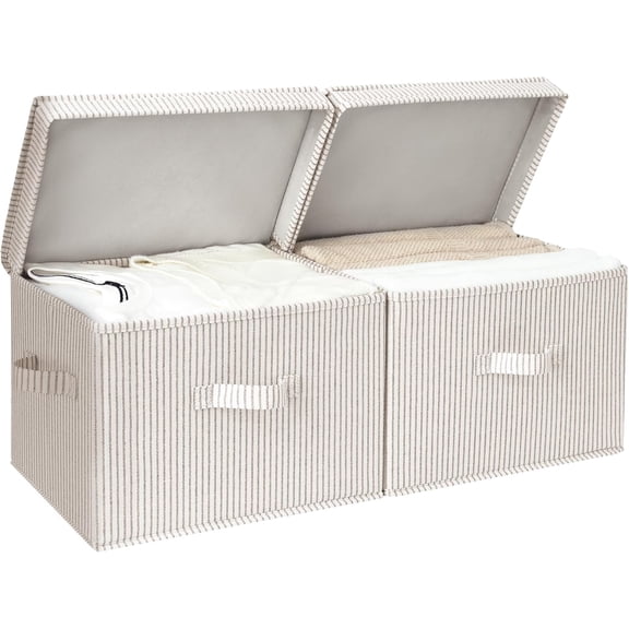 Fabric Storage Bins with Lid, Decorative Storage Boxes for Shelves, Stackable Closet Organizer Basket with Handles, Large, Black, 2-Pack