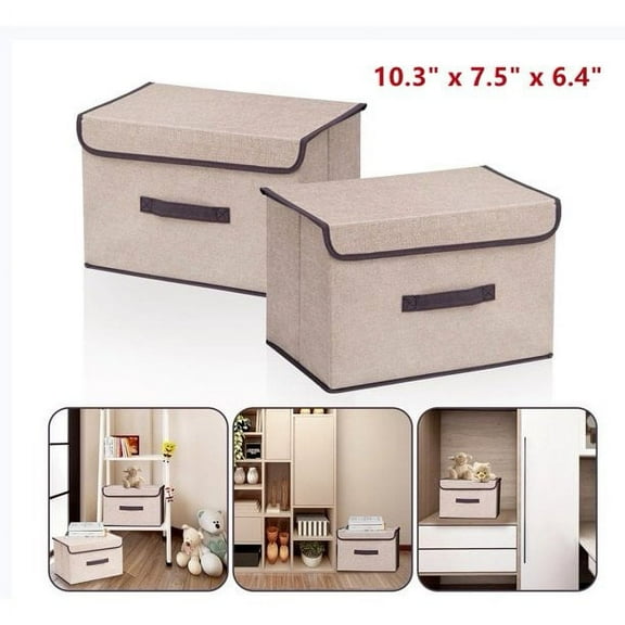 Fabric Storage Bins with Lid, Toys Clothes Orangizer Stoage Bins, 10.6inch*7.8inch*6.6inch Washable Foldable Storage Basket Box, Khaki, Small 2 Pack