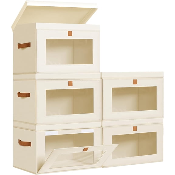 Fabric Storage Bins with Lids 5 Pack Medium Collapsible Organizer Boxes with Front Opening and PVC Window