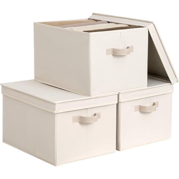 Fabric Storage Bins with Lids, Foldable Stackable Baskets, Beige Cotton Linen, Jumbo, 3-Pack