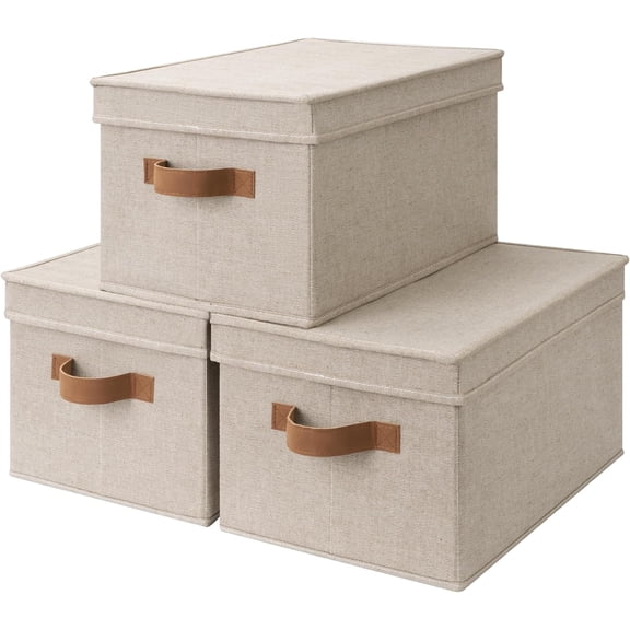 Fabric Storage Bins with Lids, Foldable Stackable Baskets, Brown and Beige, Large, 3-Pack
