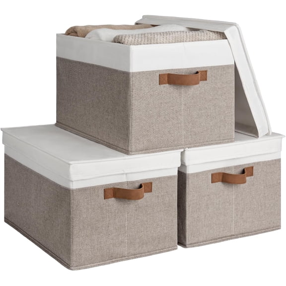 Fabric Storage Bins with Lids, Foldable Stackable Baskets, Brown and White, Jumbo, 3-Pack