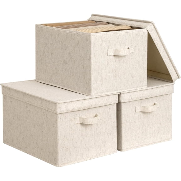 Fabric Storage Bins with Lids Soft Handles Foldable Stackable Beige Jumbo 3-Pack