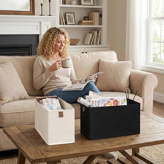 Fabric Storage Bins with PU Handle, Decorative Narrow Baskets for Shelves, Ideal for Organizing Clothes, Toys, and Books, Beige, 4-Pack
