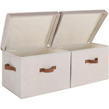 Fabric Storage Bins with lid, Decorative Boxes for Shelves, Closet Organizer Basket with Handles, Jumbo, Brown and Beige, 2-Pack