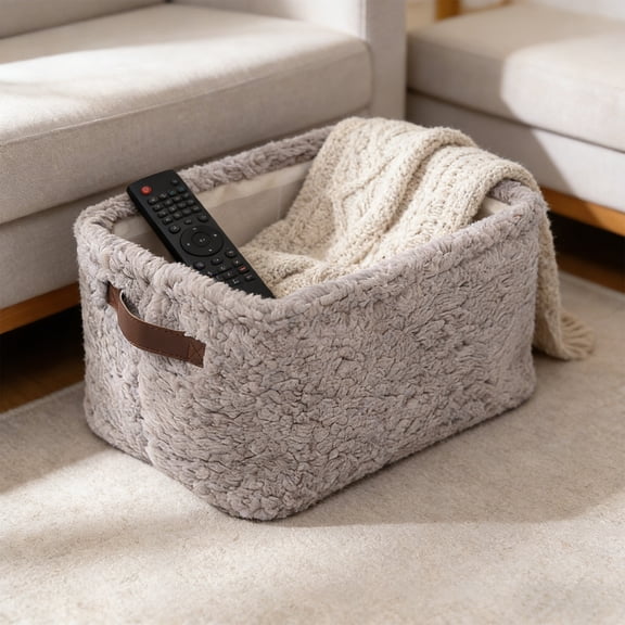 Plush Fabric Storage Box with Handles, Collapsible Organizer for Home Bedroom & Closet, Soft Foldable Storage Bin