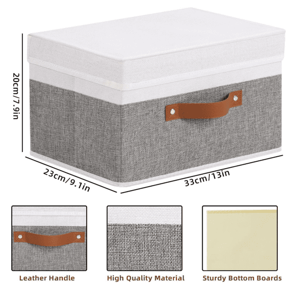 Fabric Storage Boxes with Lids, Linen Foldable Cloth Baskets, Closet Organizer Containers with Double Handles, Sweater Bins for Bedroom, and Grey, 1 Pack,