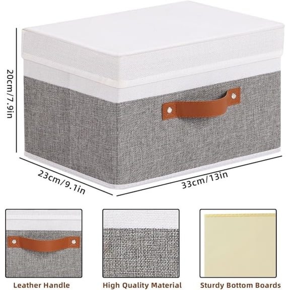 Fabric Storage Boxes with Lids, Linen Foldable Cloth Baskets, Closet Organizer Containers with Double Handles, Sweater Bins for Bedroom, White and Grey, 1 Pack, 13 x 9.1 x 7.9 Inch