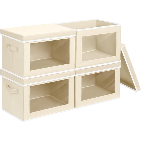 Fabric Storage Boxes with Clear Windows and Lids 4 Pack XL Beige