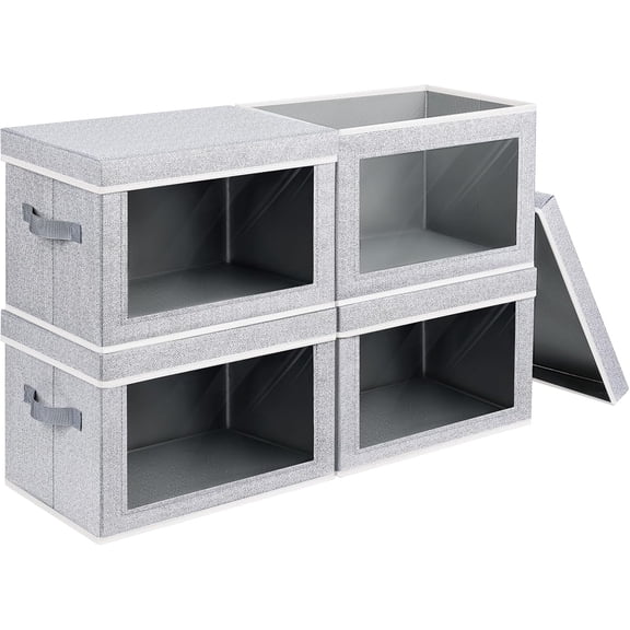 Fabric Storage Boxes with Clear Windows and Lids 4 Pack XL Light Grey