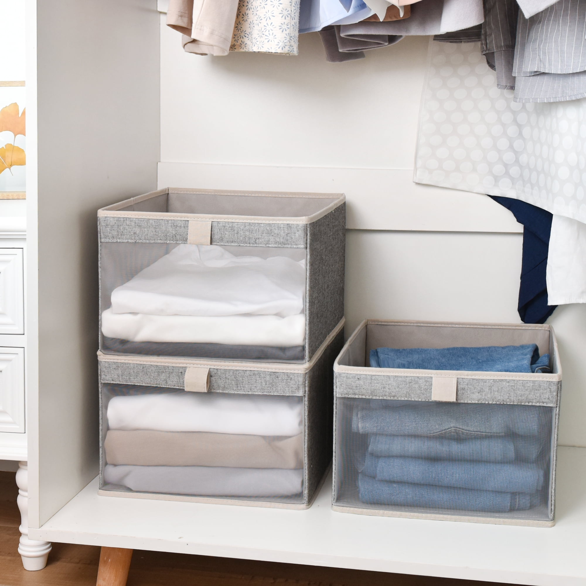Basics Closet Storage Organizer with Fabric Bins and Shelves, Grey,  32.7 x 12.2 x 31