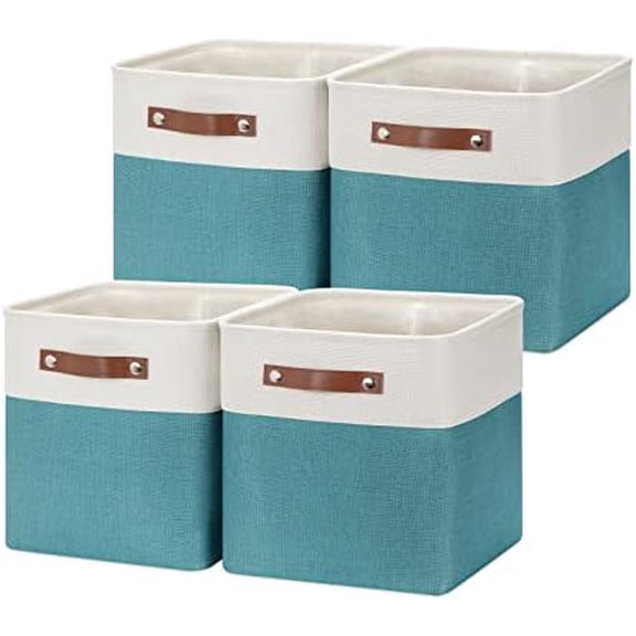 Fabric Storage Cube Bins Baskets for Organizing, 11 inch Cube Storage Baskets, Set of 4, Collapsible Storage Baskets with Handles, Closet Organizers Storage Home Toy Nursery room(White Teal)