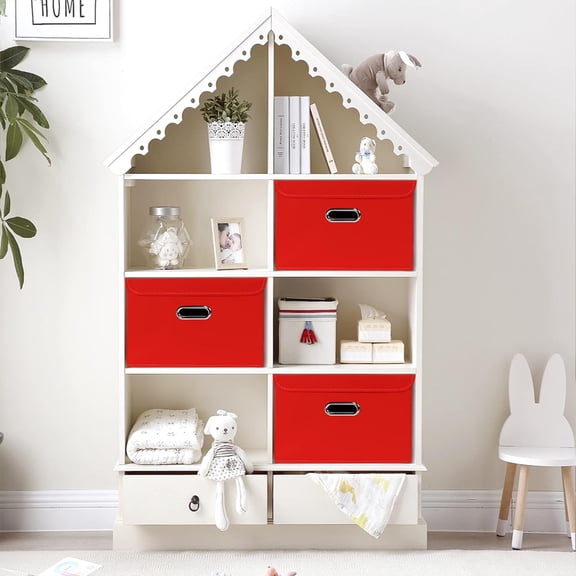 Fabric Storage Cube Bins Foldable Organizer Container Collapsible Basket with Lids and Metal Handles, for Home, Bedroom, Closet 6 Pcs (Red)