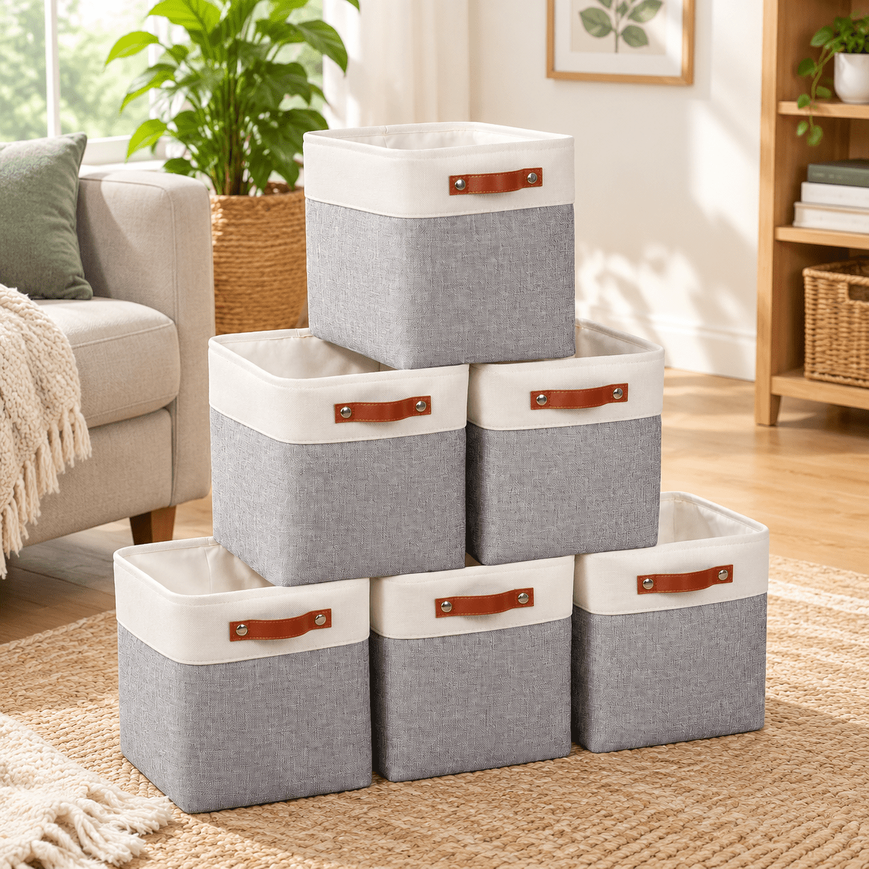 Fabric Storage Cube Bins Grey & White with PU Leather Handle, Set of 6 ...