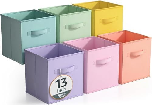 Fabric Storage Cubes - 6 Foldable Storage Bins for Organizing Pantry, Cubbies, Toy Box - Clothes Storage & Closet Organizer - 13 Inch Collapsible Cube Baskets for Shelves with Handle