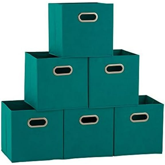Fabric Storage Cubes 6 Pack – 11x11x11 Foldable Non-Woven Bins with Chipboard Sides & Grommet Handles – Stackable Cube Organizer for Closet, Nursery, Shelf, or Office – Aqua