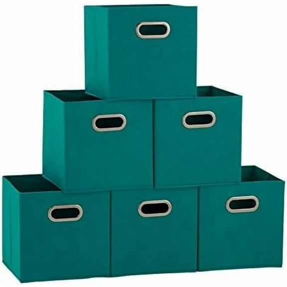 Fabric Storage Cubes 6 Pack – 11x11x11 Foldable Non-Woven Bins with Chipboard Sides & Grommet Handles – Stackable Cube Organizer for Closet, Nursery, Shelf, or Office – Aqua
