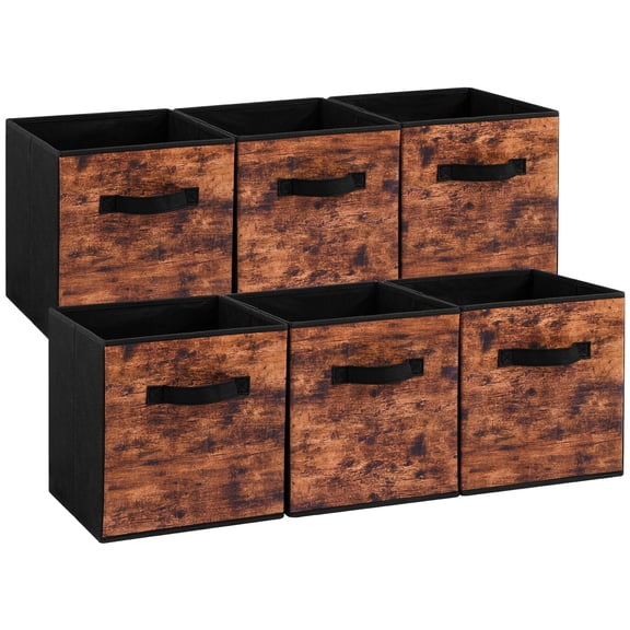 Fabric Storage Cubes  6 Pack Foldable Bins With Handle 11 Inch Box For Shelves Closet Organizer Rustic Brown And Black