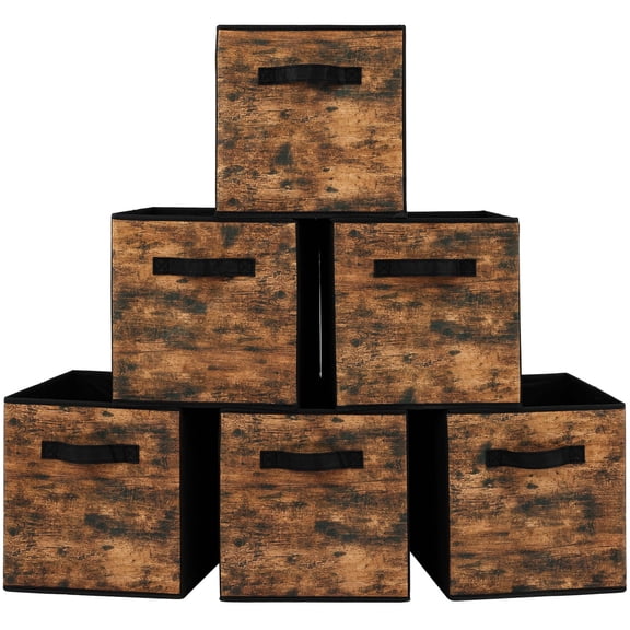 Fabric Storage Cubes  6 Pack Foldable Bins With Handle 11 Inch Box For Shelves Closet Organizer Rustic Brown And Black