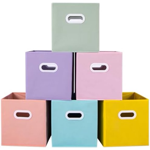 Fabric Storage Cubes Bins, 13 inch Fun Colored Foldable Storage Baskets with Dual Plastic Handle for Home, Kids Room, Closet and Toys Organization, Multi Colored, Set of 6