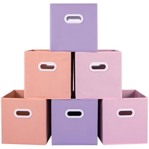 Fabric Storage Cubes Bins, 13 inch Fun Colored Foldable Storage Baskets with Dual Plastic Handle for Home, Kids Room, Closet and Toys Organization, Multi Colored, Set of 6