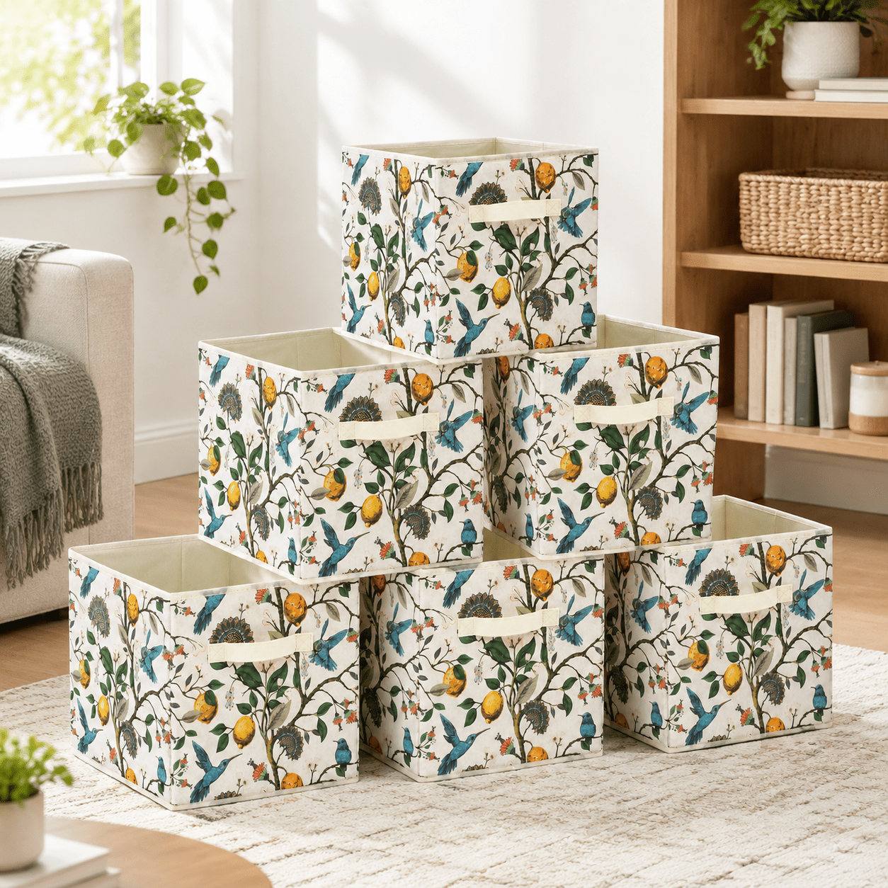 Fabric Storage Cubes, Birds and Tree Pattern, 12.5 Inch, Set of 6, For ...