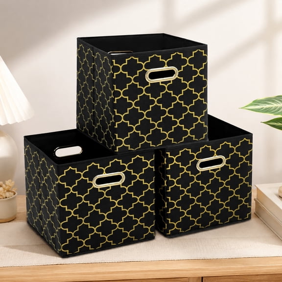 Fabric Storage Cubes with Handles, Foldable Fabric Cube Organizer Bins for Clothes and Accessories, 11x11x11, Set of 3, Black Gold
